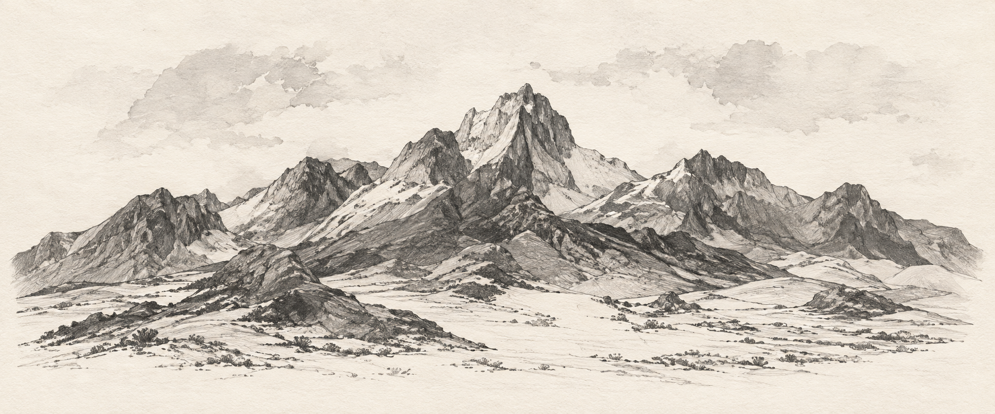 Estudio gráfico de una cordillera sobre papel