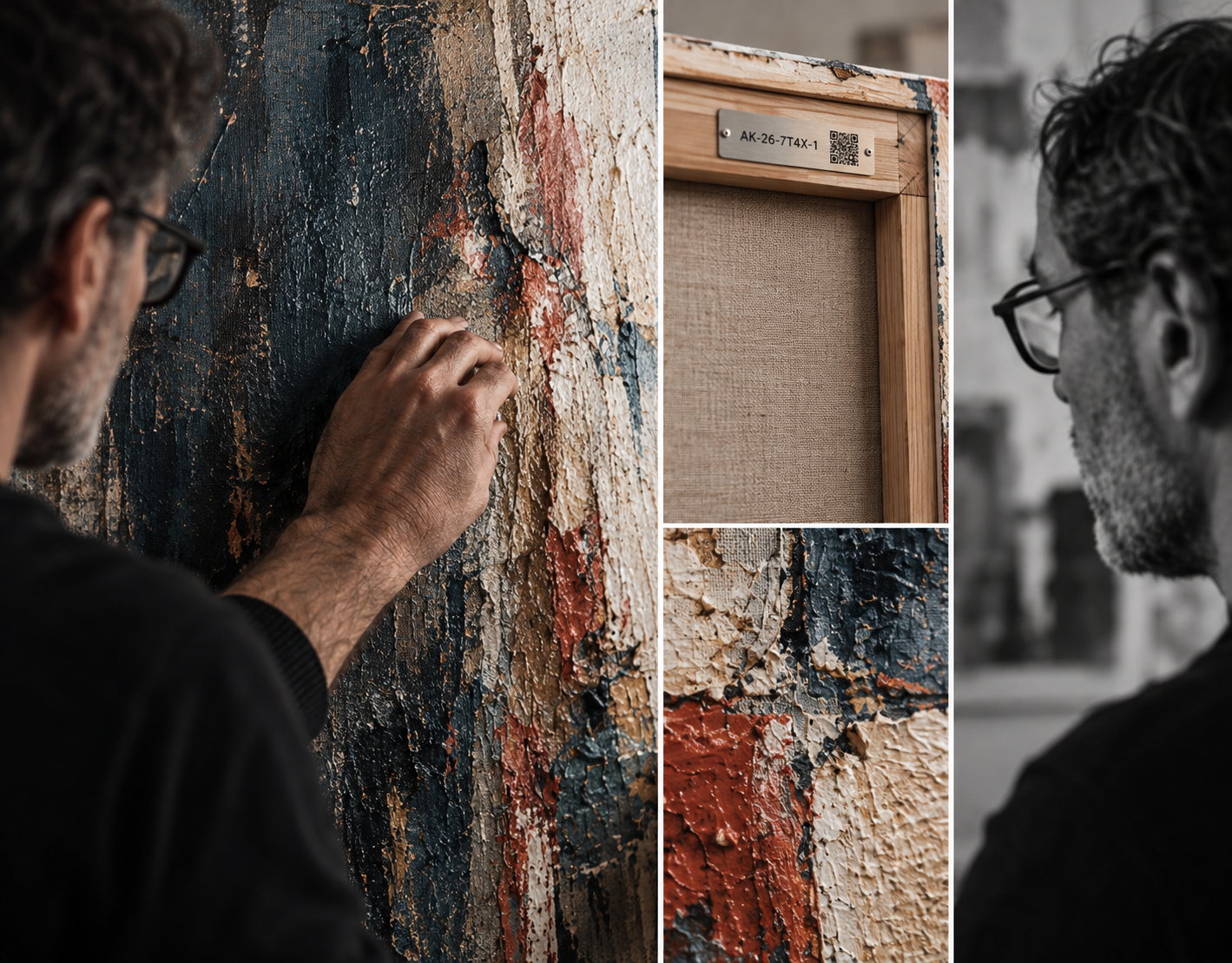 Artista trabajando sobre una obra, su reverso con placa Autentika, un detalle de la materia y el retrato del autor